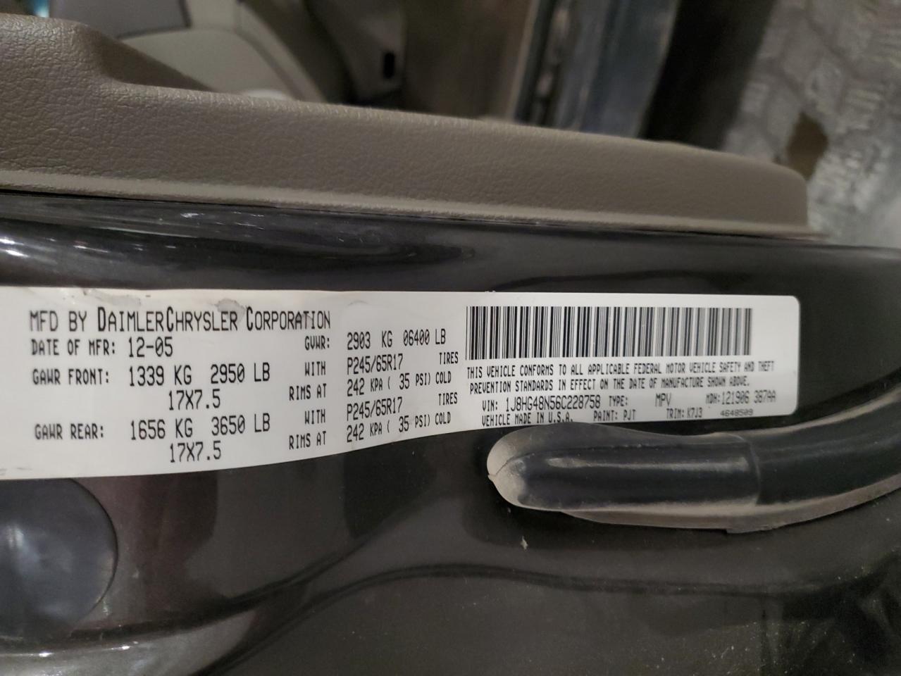 2006 Jeep Commander VIN: 1J8HG48N56C228758 Lot: 87438945