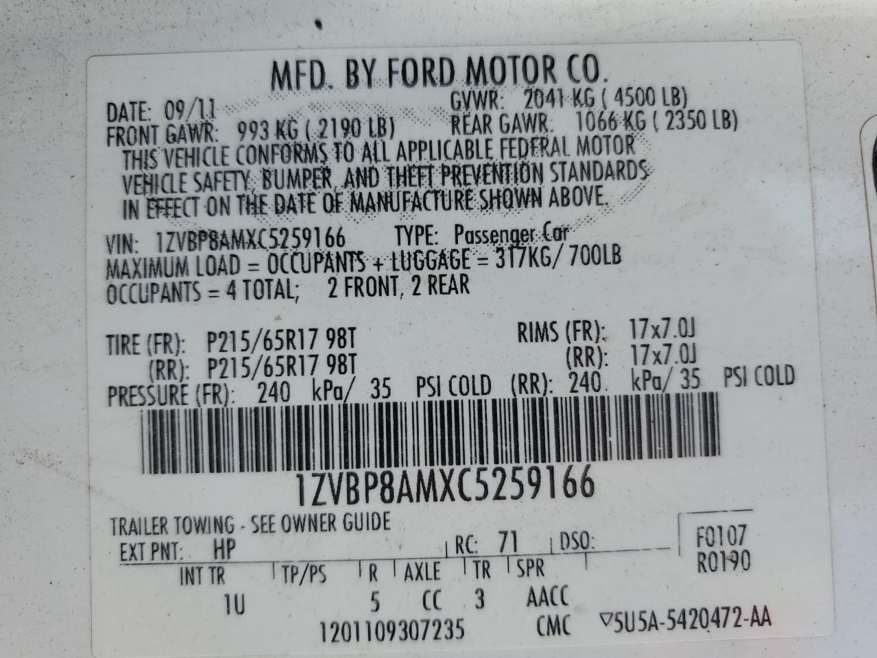 2012 Ford Mustang VIN: 1ZVBP8AMXC5259166 Lot: 86184495