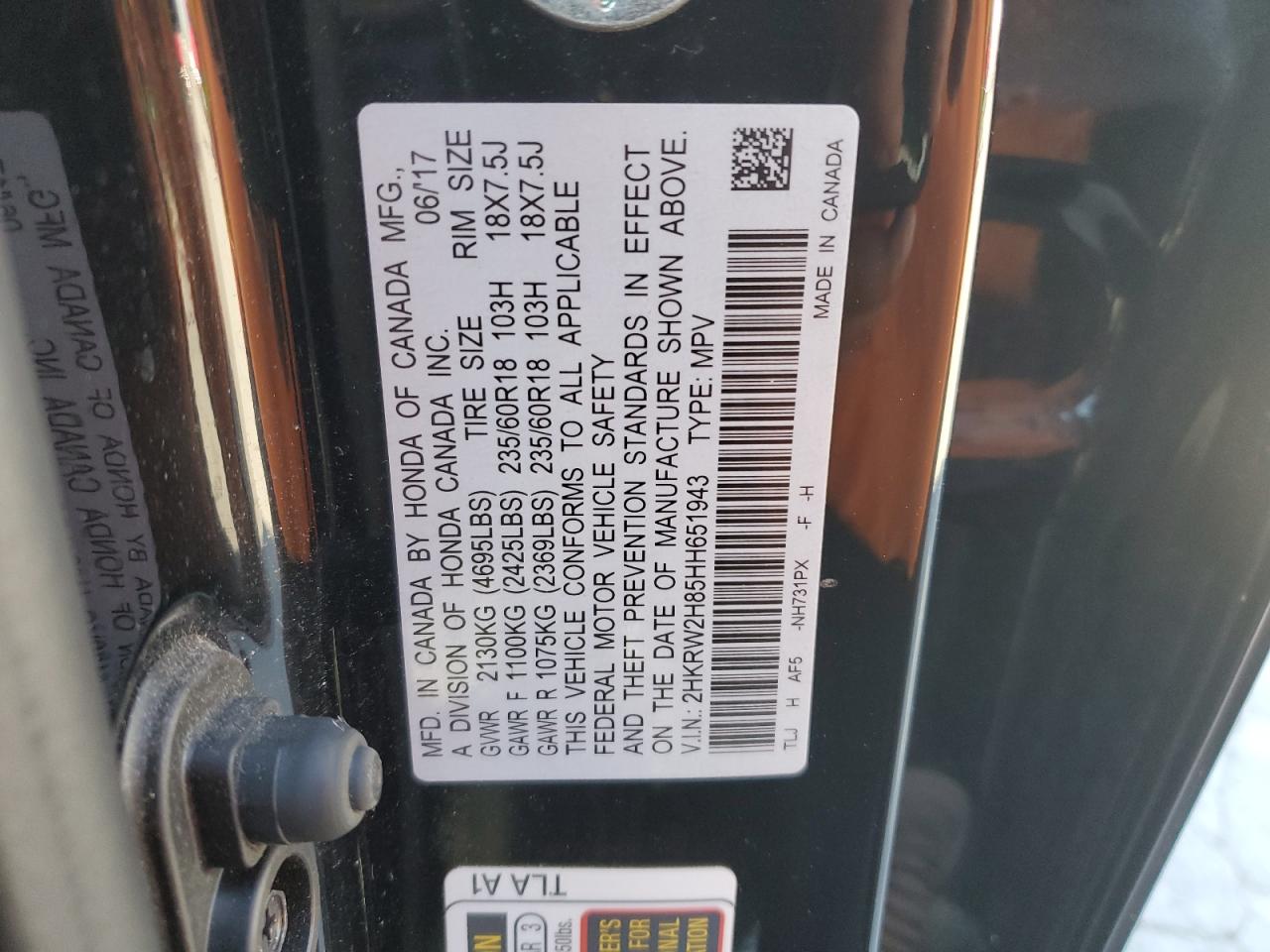 2017 Honda Cr-V Exl VIN: 2HKRW2H85HH651943 Lot: 85594635