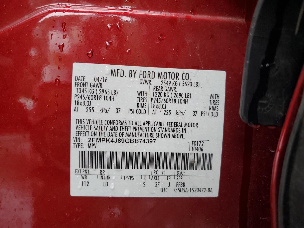 2016 Ford Edge Sel VIN: 2FMPK4J89GBB74397 Lot: 85594475