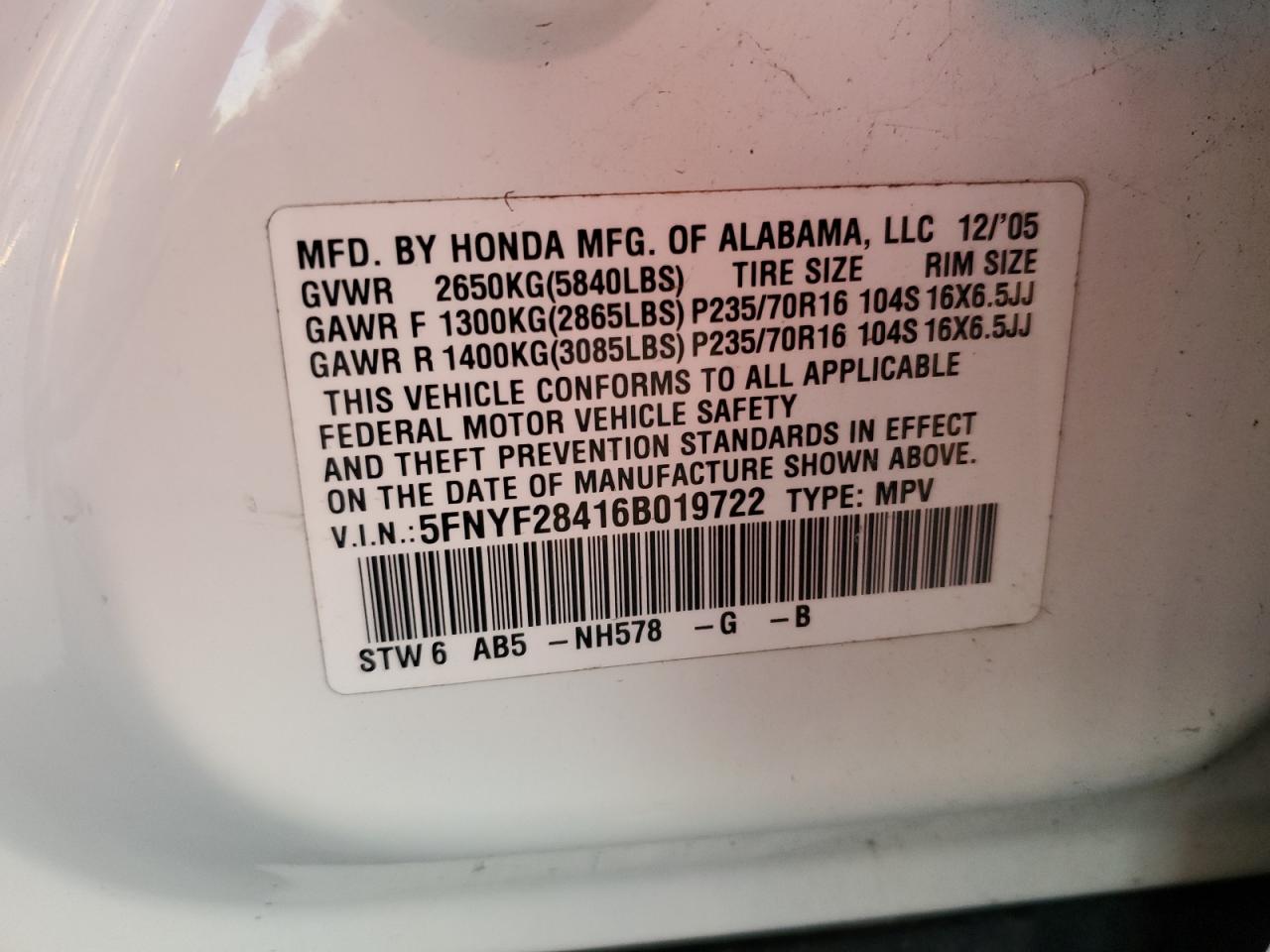 2006 Honda Pilot Ex VIN: 5FNYF28416B019722 Lot: 86828145