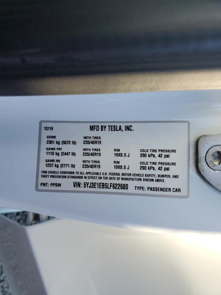 2020 Tesla Model 3 VIN: 5YJ3E1EB5LF622680 Lot: 86871195
