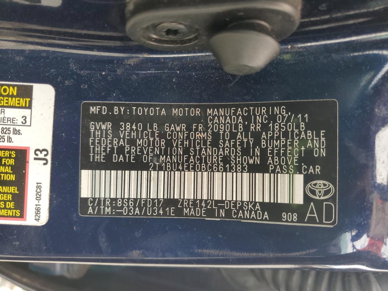 2011 Toyota Corolla Base VIN: 2T1BU4EE0BC661383 Lot: 82301825