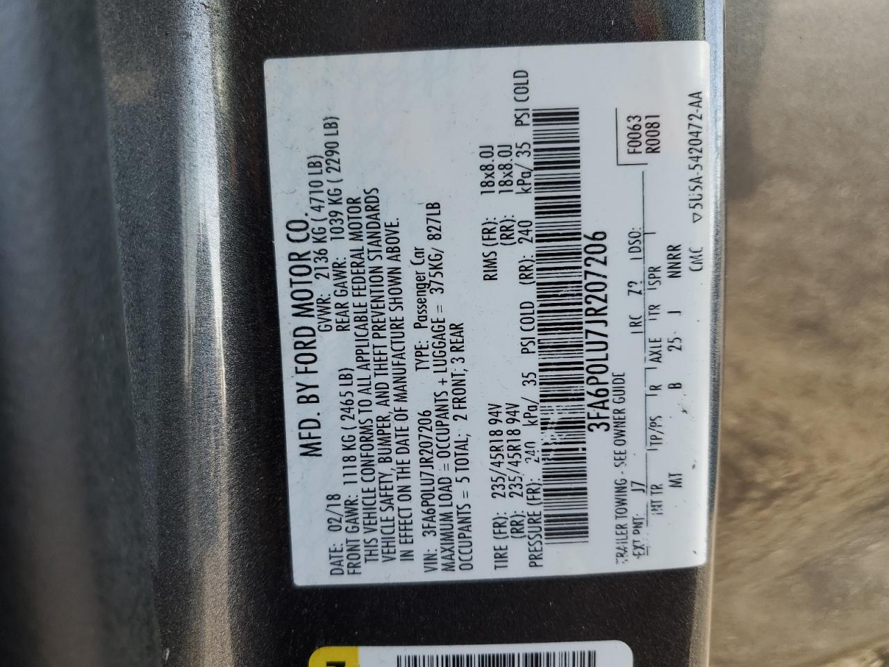 2018 Ford Fusion Se Hybrid VIN: 3FA6P0LU7JR207206 Lot: 90928735