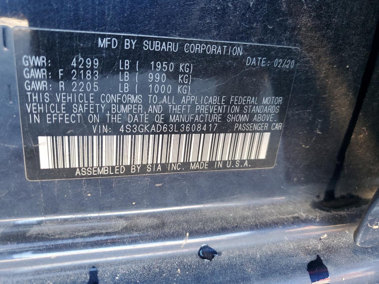 2020 Subaru Impreza Premium VIN: 4S3GKAD63L3608417 Lot: 89465515