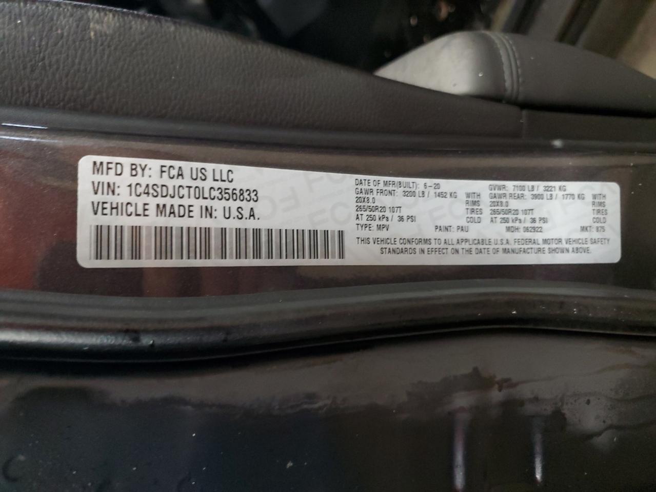 2020 Dodge Durango R/T VIN: 1C4SDJCT0LC356833 Lot: 71059595