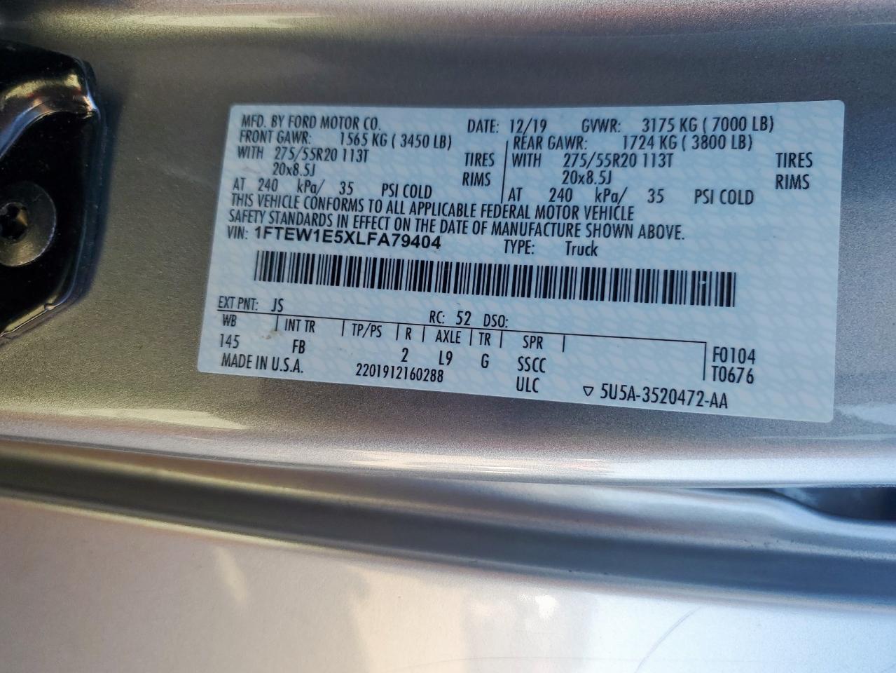 2020 Ford F150 Supercrew VIN: 1FTEW1E5XLFA79404 Lot: 90342675