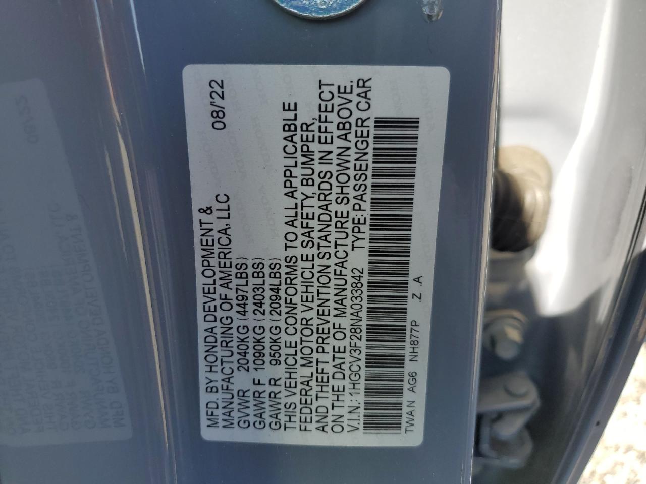 2022 Honda Accord Hybrid Sport VIN: 1HGCV3F28NA033842 Lot: 85157565