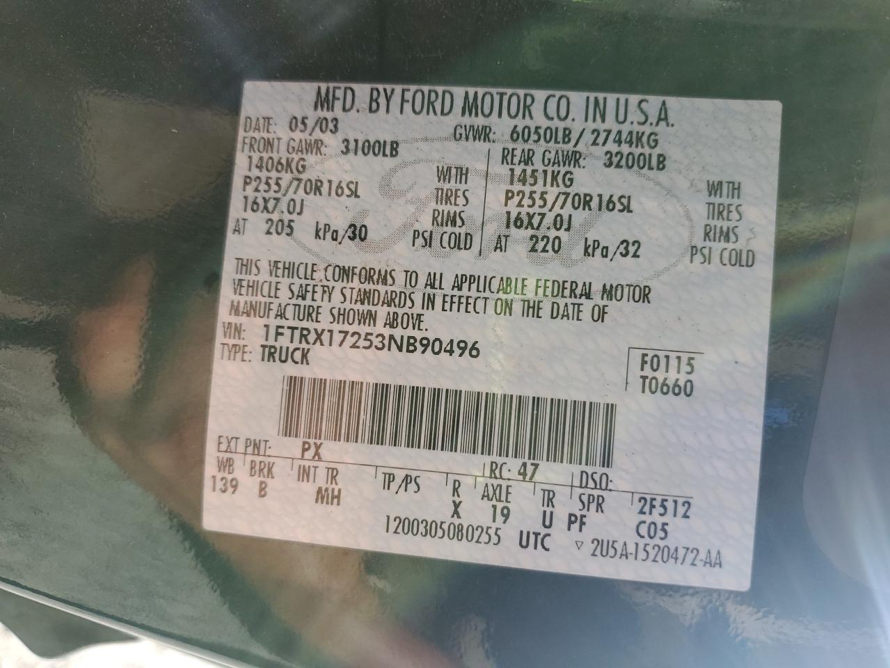 2003 Ford F150 VIN: 1FTRX17253NB90496 Lot: 82596575