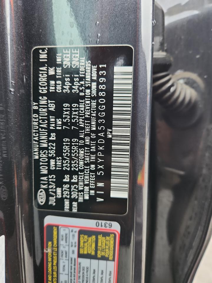 2016 Kia Sorento Sx VIN: 5XYPKDA53GG088931 Lot: 85495865