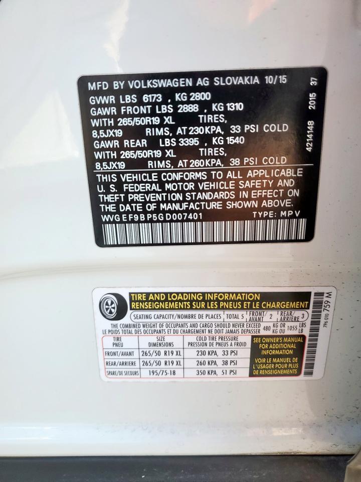 2016 Volkswagen Touareg Sport VIN: WVGEF9BP5GD007401 Lot: 84969655