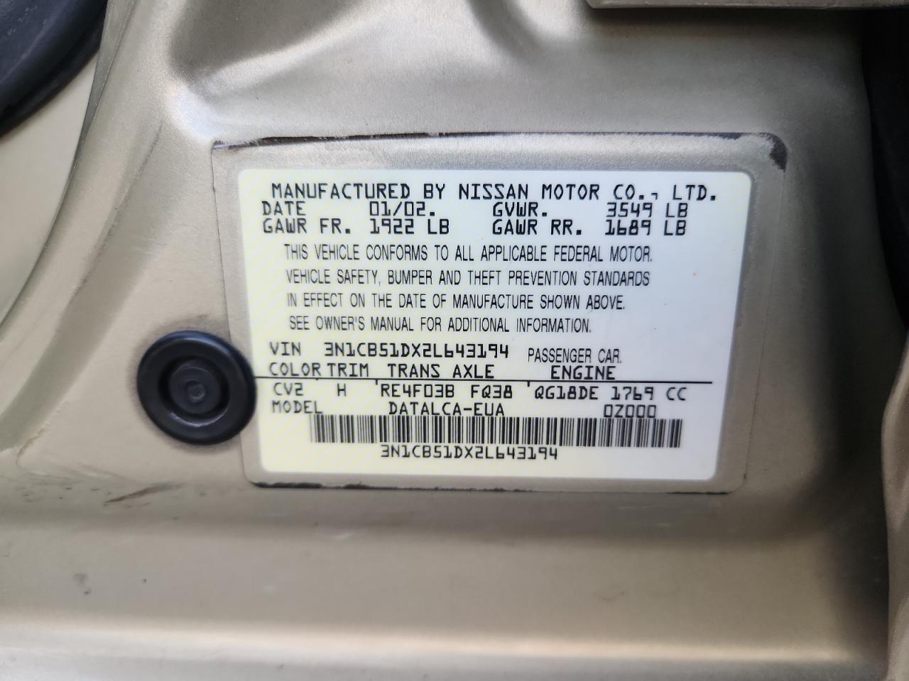 2002 Nissan Sentra Xe VIN: 3N1CB51DX2L643194 Lot: 89784605