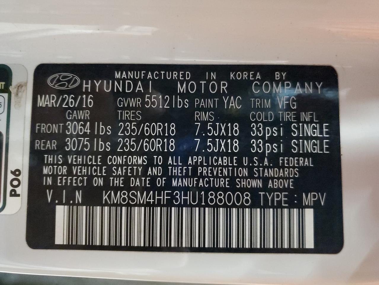 2017 Hyundai Santa Fe Se VIN: KM8SM4HF3HU188008 Lot: 89518415