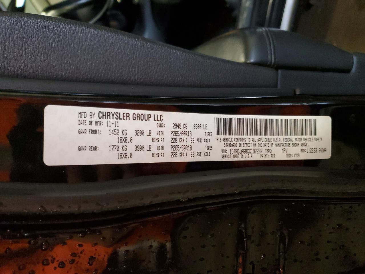 2012 Dodge Durango Sxt VIN: 1C4RDJAG8CC197287 Lot: 85586915