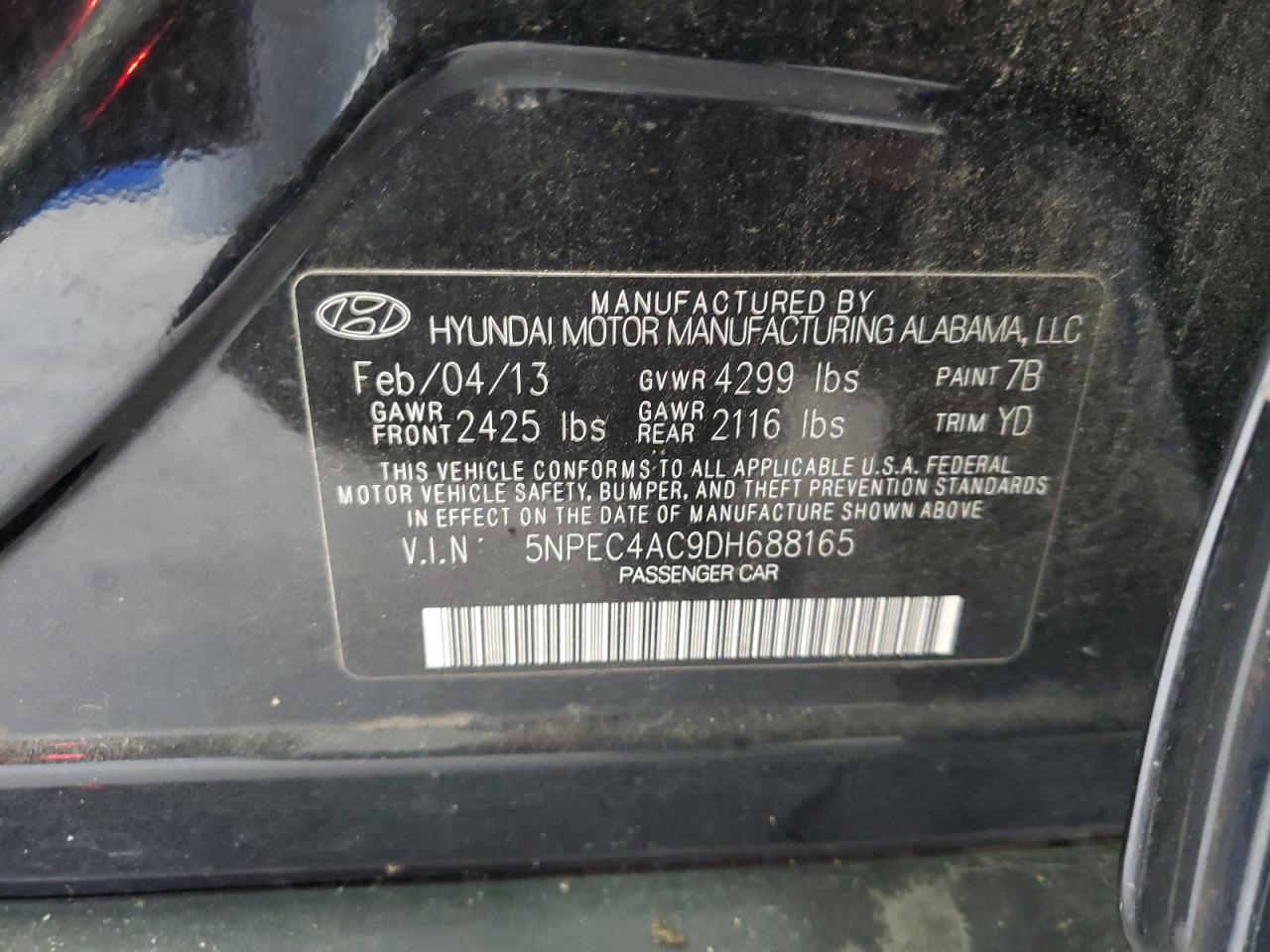 2013 Hyundai Sonata Se VIN: 5NPEC4AC9DH688165 Lot: 85355185