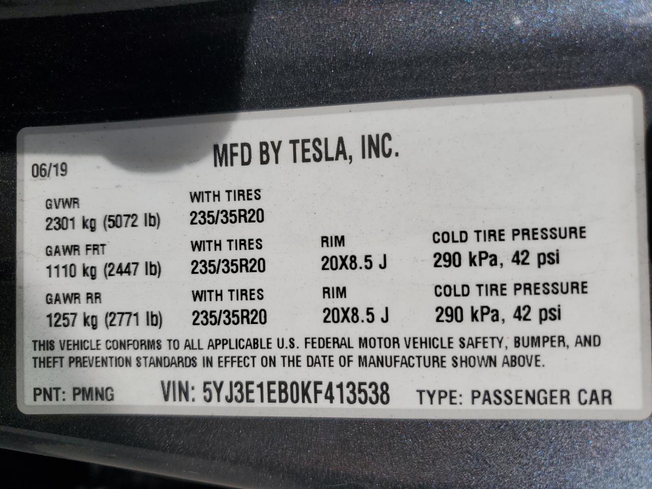 2019 Tesla Model 3 VIN: 5YJ3E1EB0KF413538 Lot: 84941565