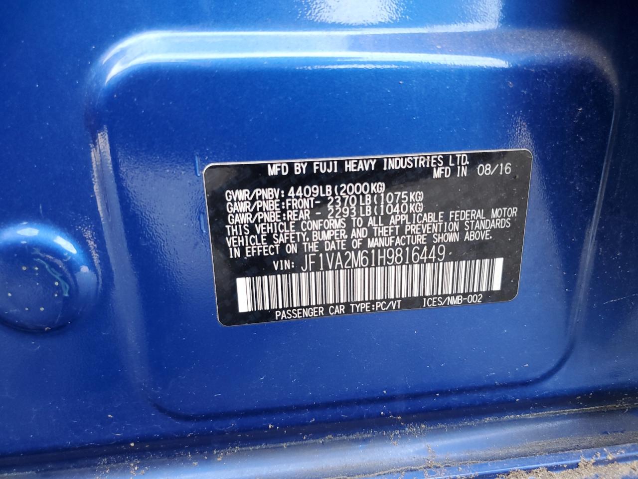 2017 Subaru Wrx Sti VIN: JF1VA2M61H9816449 Lot: 81902245