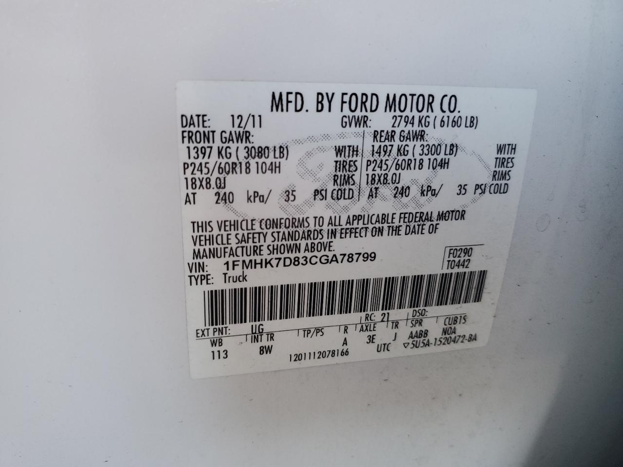 2012 Ford Explorer Xlt VIN: 1FMHK7D83CGA78799 Lot: 84731345