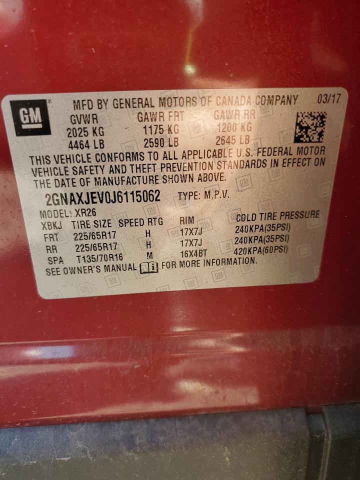 2018 Chevrolet Equinox Lt VIN: 2GNAXJEV0J6115062 Lot: 82331295