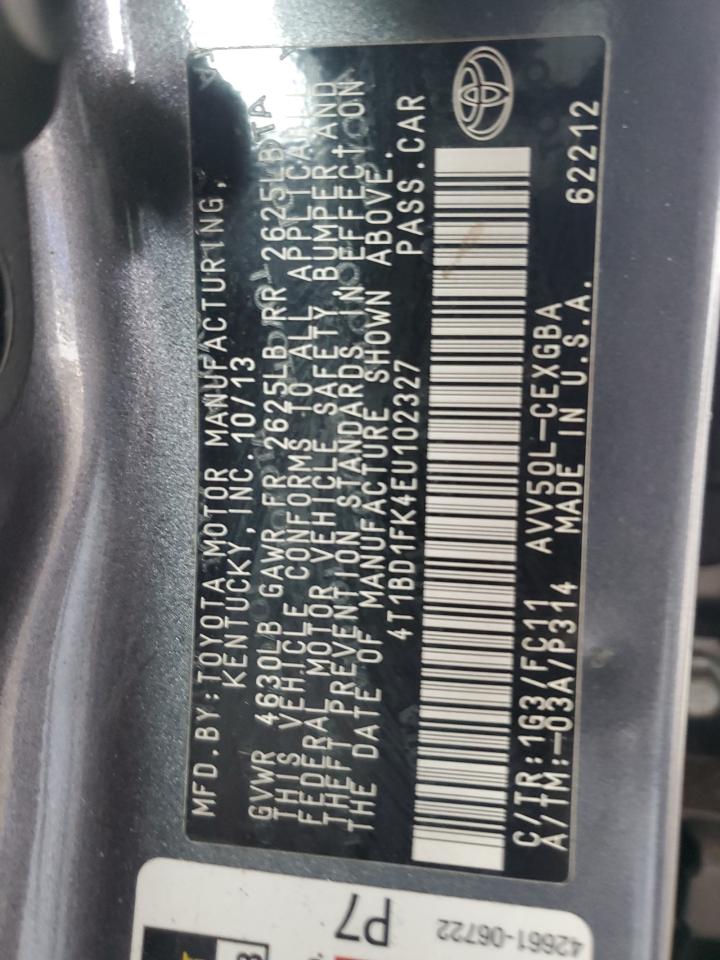 2014 Toyota Camry Hybrid VIN: 4T1BD1FK4EU102327 Lot: 86119905