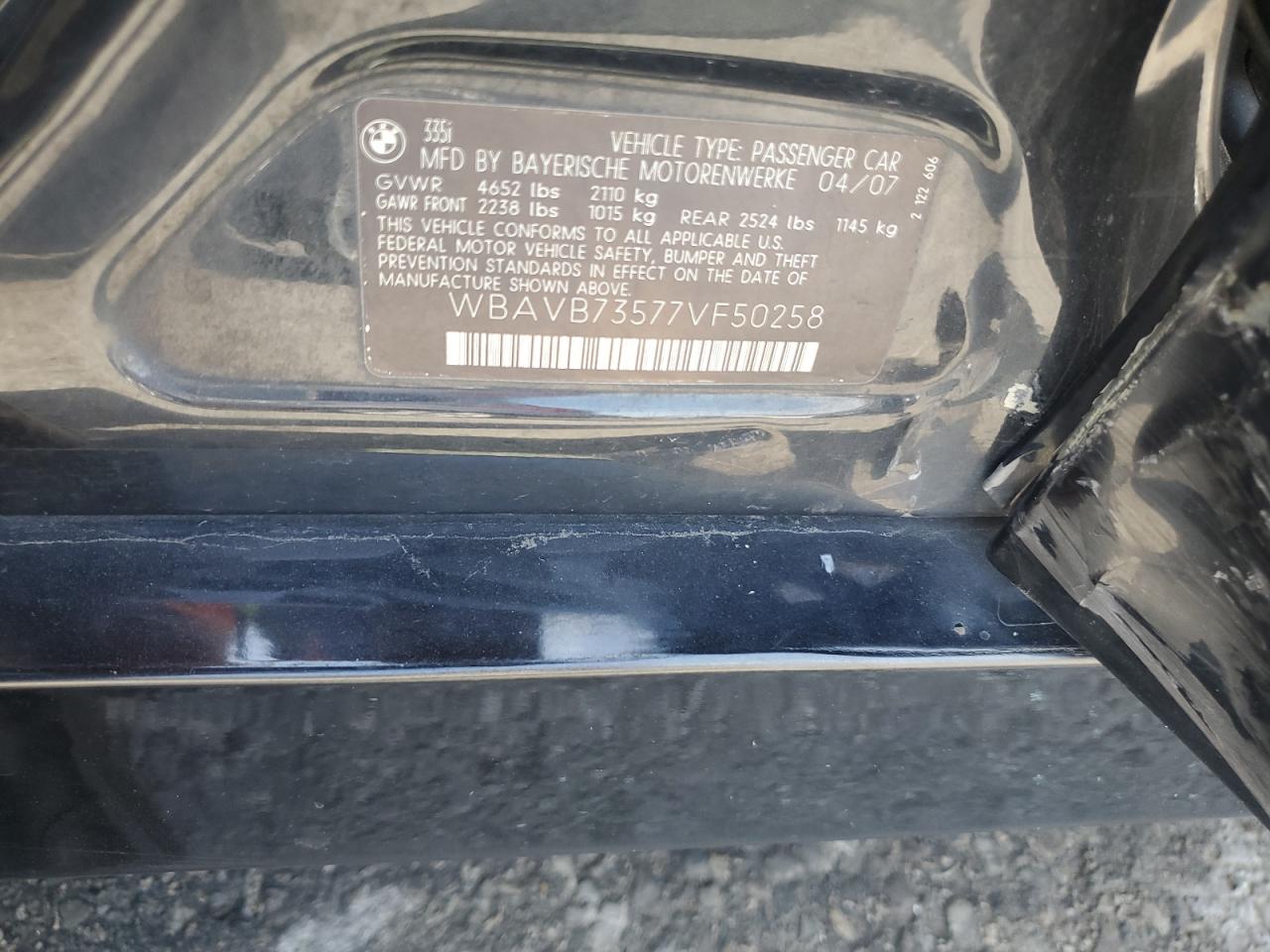 2007 BMW 335 I VIN: WBAVB73577VF50258 Lot: 84411835