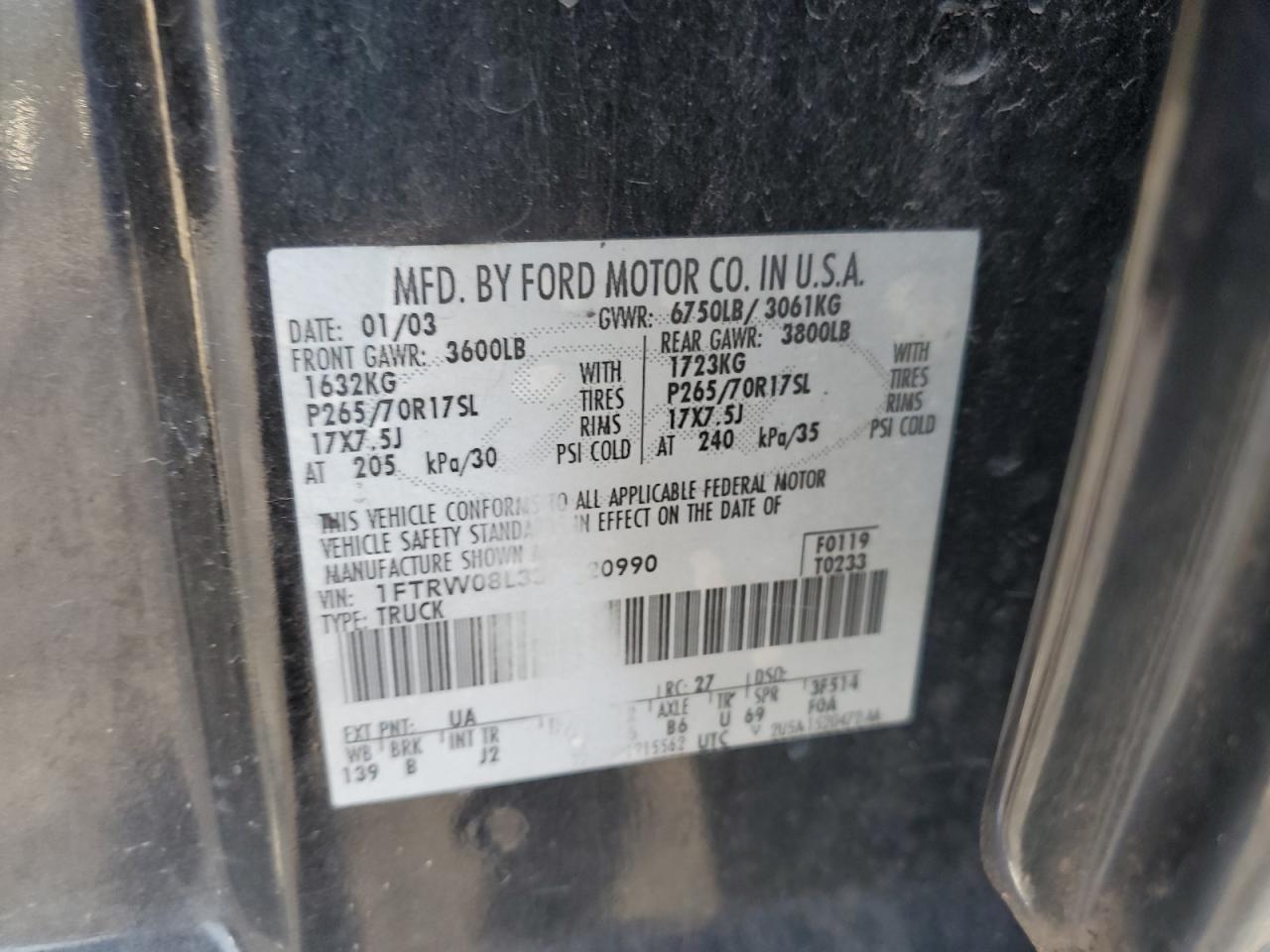 2003 Ford F150 Supercrew VIN: 1FTRW08L33KC20990 Lot: 82380675