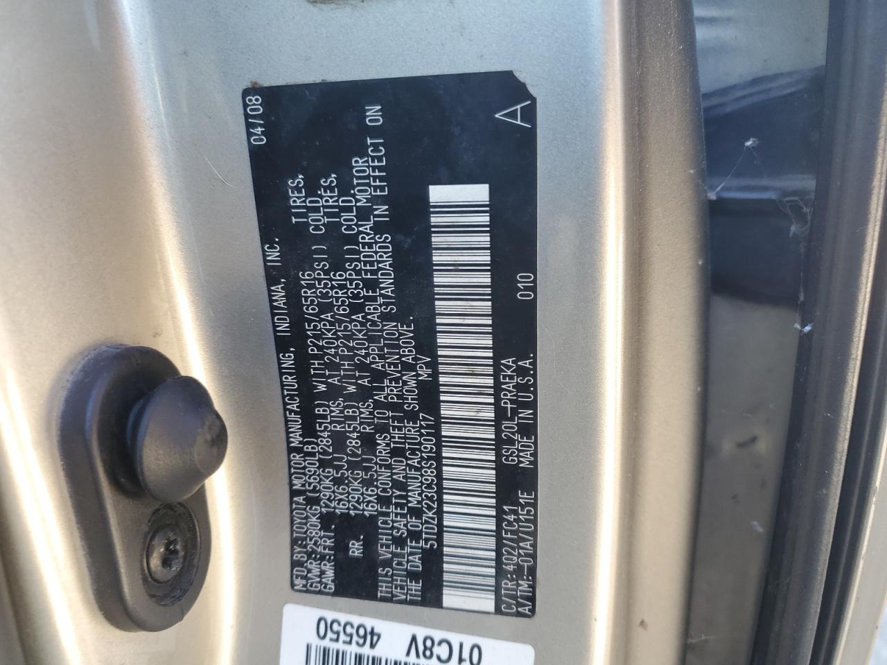 2008 Toyota Sienna Ce VIN: 5TDZK23C98S190117 Lot: 89553045