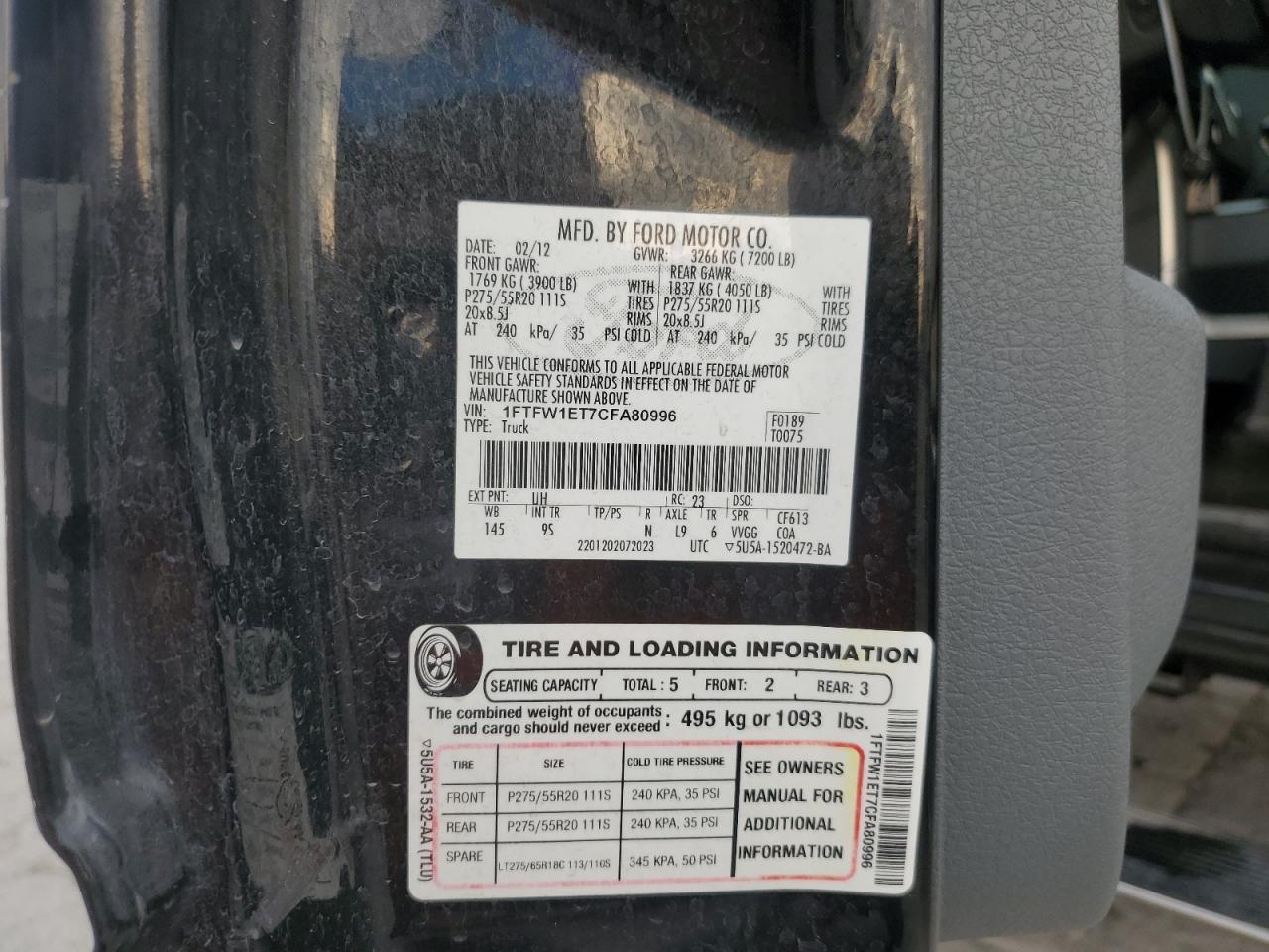 2012 Ford F150 Supercrew VIN: 1FTFW1ET7CFA80996 Lot: 82487225