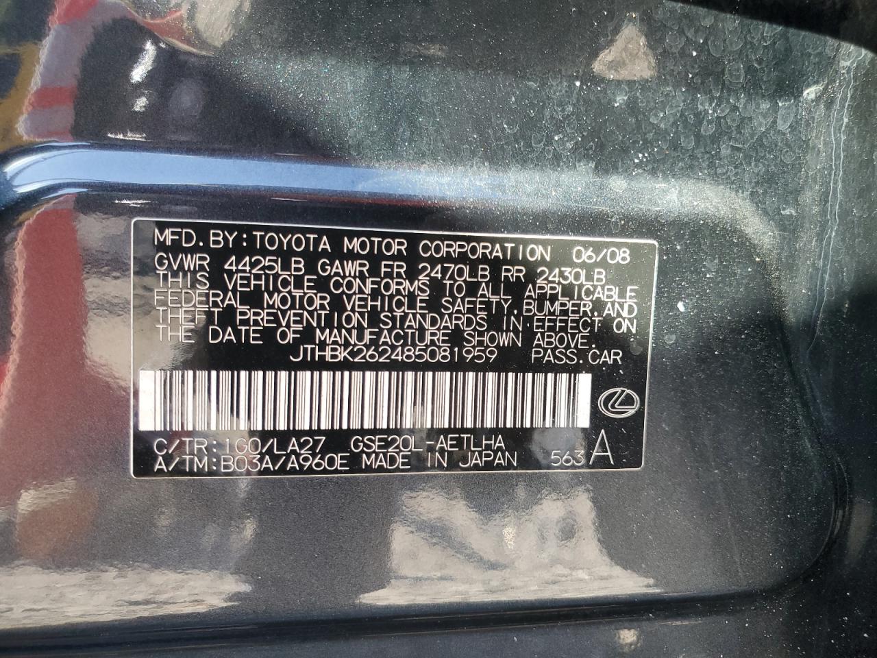 2008 Lexus Is 250 VIN: JTHBK262485081959 Lot: 84658195