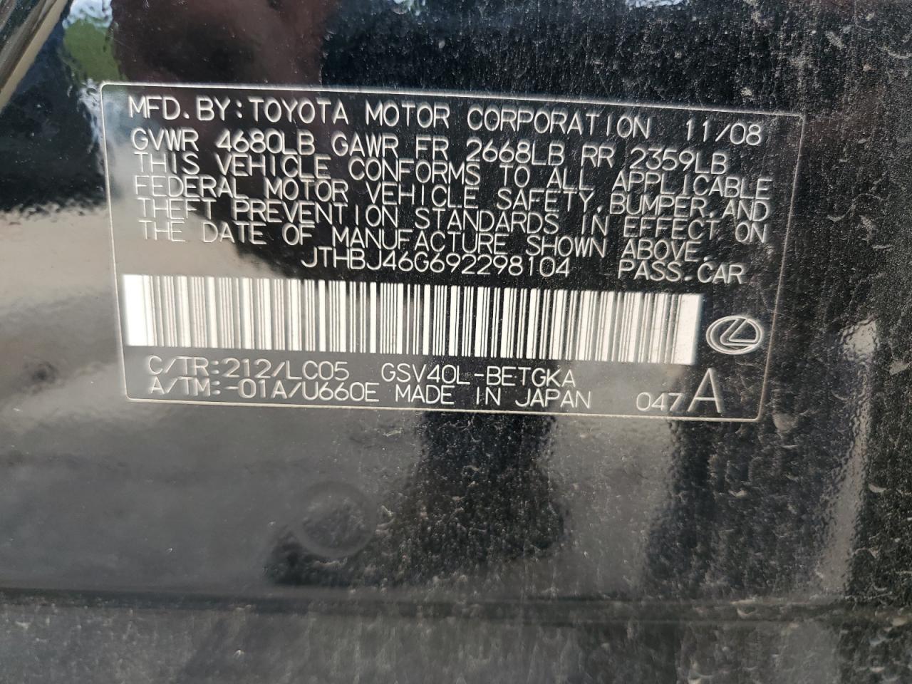 2009 Lexus Es 350 VIN: JTHBJ46G692298104 Lot: 82004775