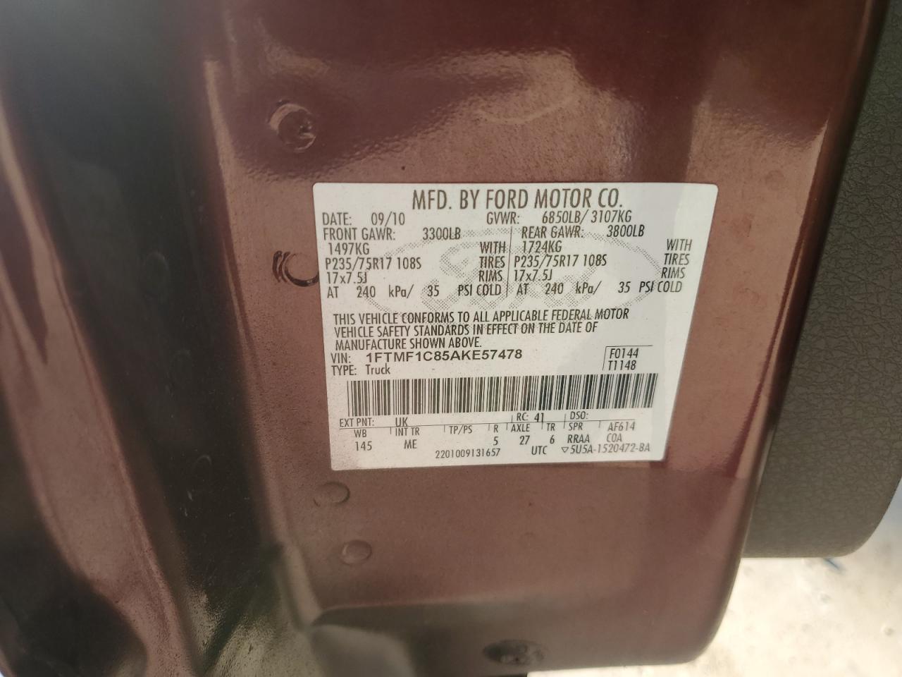 2010 Ford F150 VIN: 1FTMF1C85AKE57478 Lot: 82338555