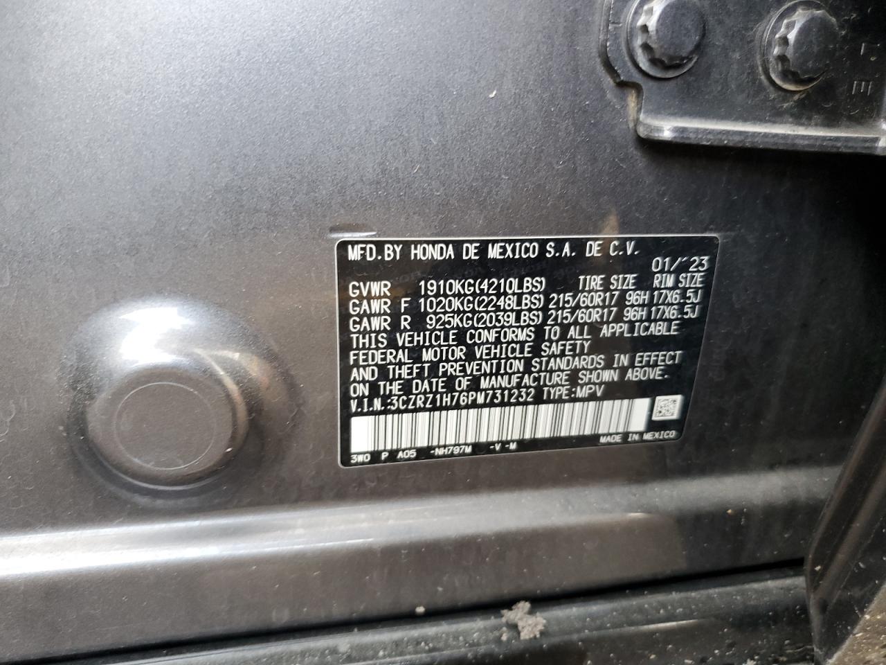 2023 Honda Hr-V Exl VIN: 3CZRZ1H76PM731232 Lot: 84904795