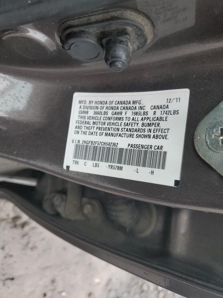 2012 Honda Civic Lx VIN: 2HGFB2F57CH542362 Lot: 82401265