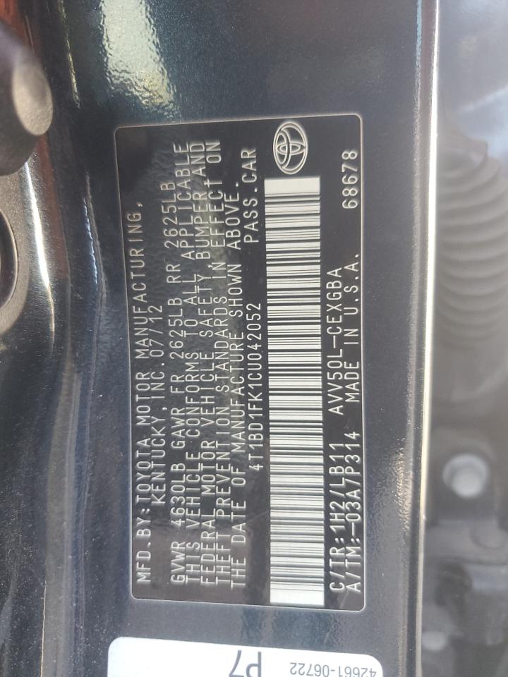 2012 Toyota Camry Hybrid VIN: 4T1BD1FK1CU042052 Lot: 82268975