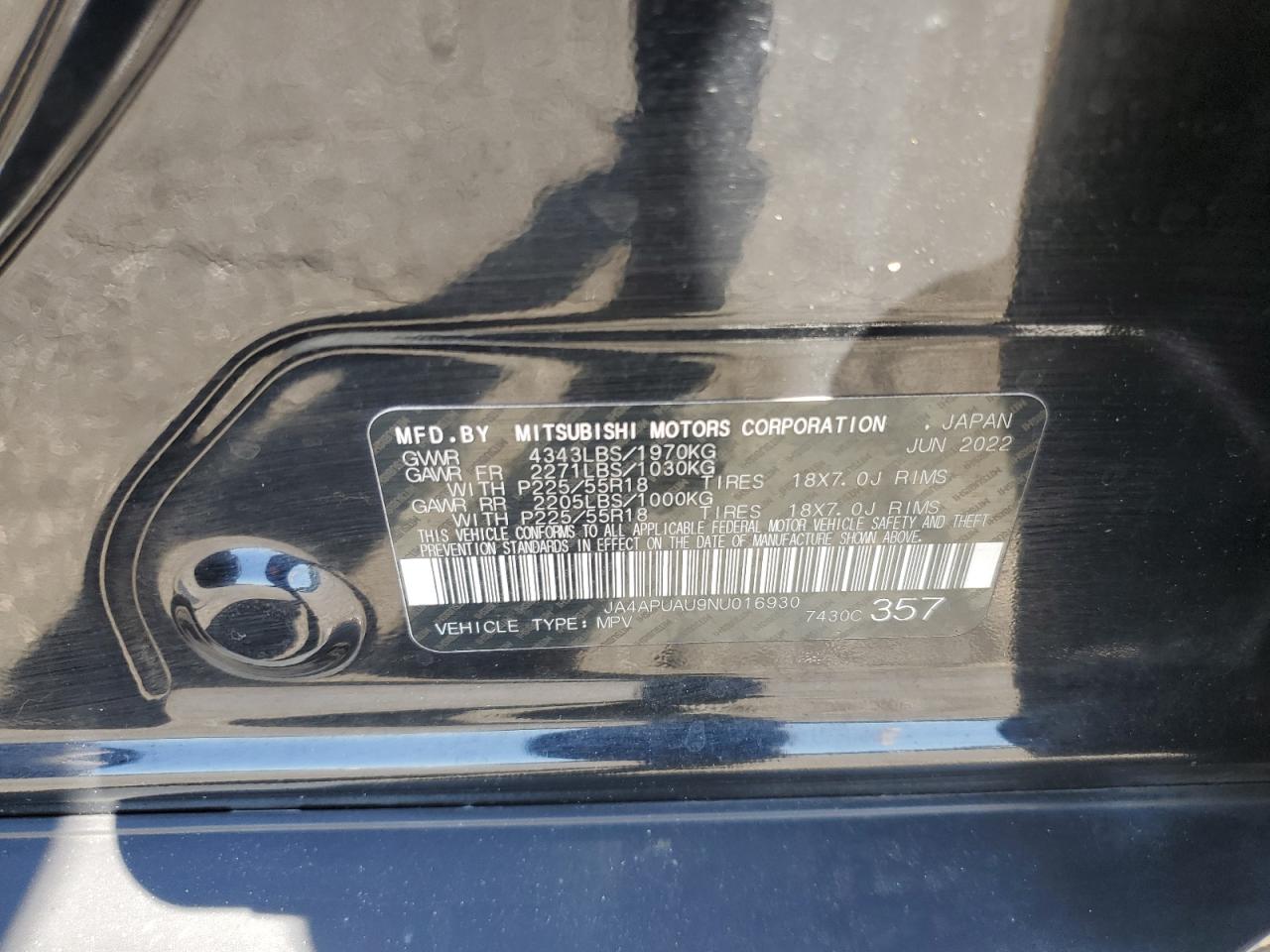 2022 Mitsubishi Outlander Sport Es VIN: JA4APUAU9NU016930 Lot: 87225365