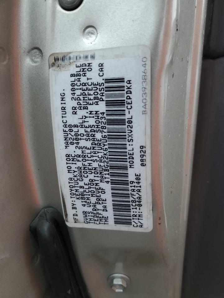 2000 Toyota Camry Ce VIN: 4T1BG22K6YU678234 Lot: 90092655