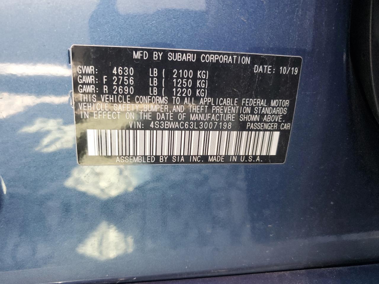 2020 Subaru Legacy Premium VIN: 4S3BWAC63L3007198 Lot: 85088775