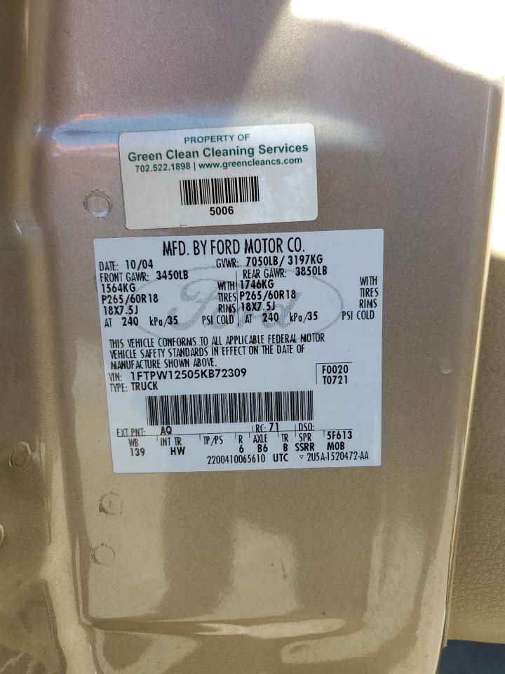 2005 Ford F150 Supercrew VIN: 1FTPW12505KB72309 Lot: 90660625