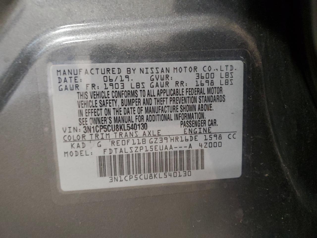 2019 Nissan Kicks S VIN: 3N1CP5CU8KL540130 Lot: 81939245