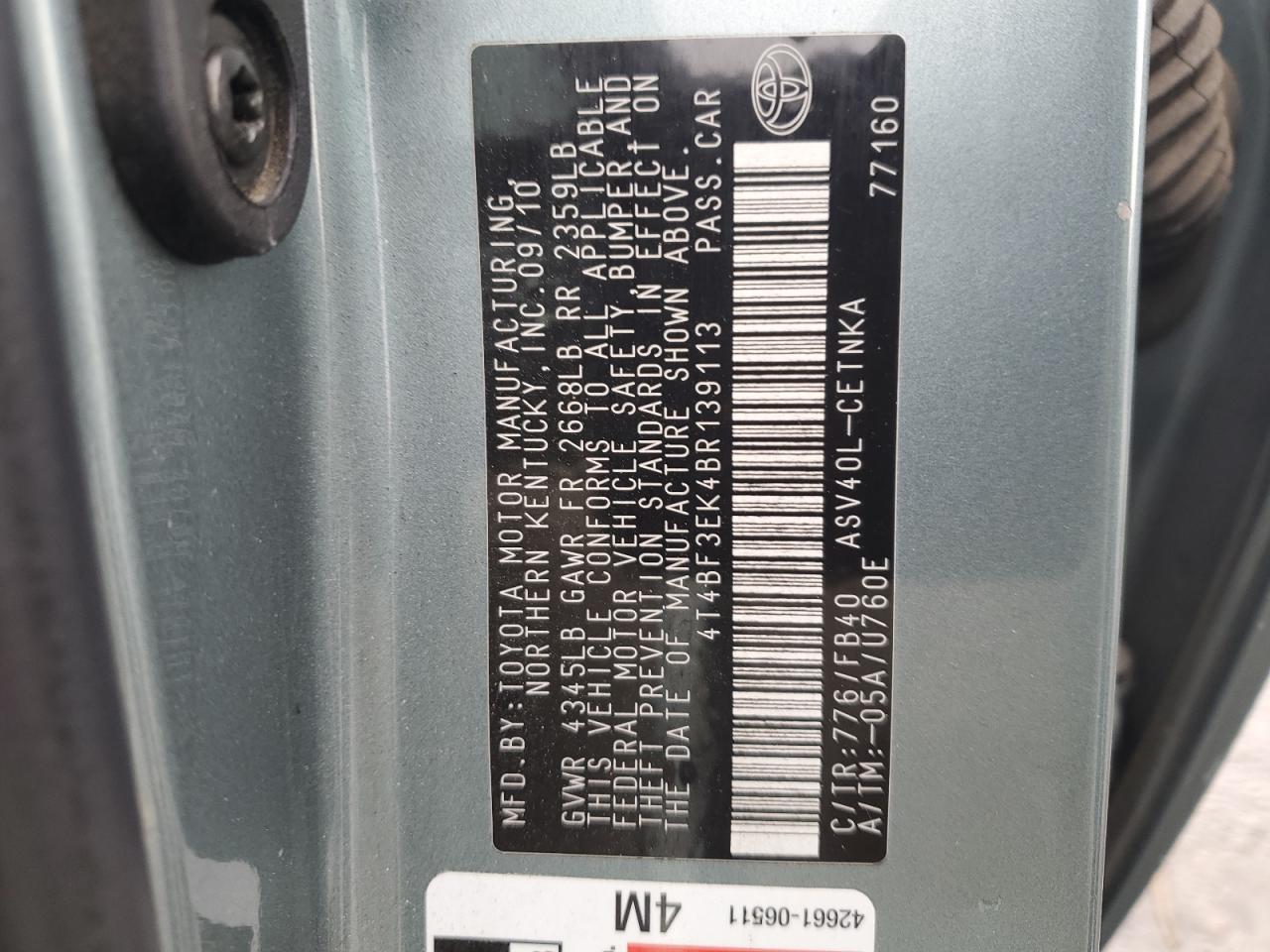 2011 Toyota Camry Base VIN: 4T4BF3EK4BR139113 Lot: 86486435