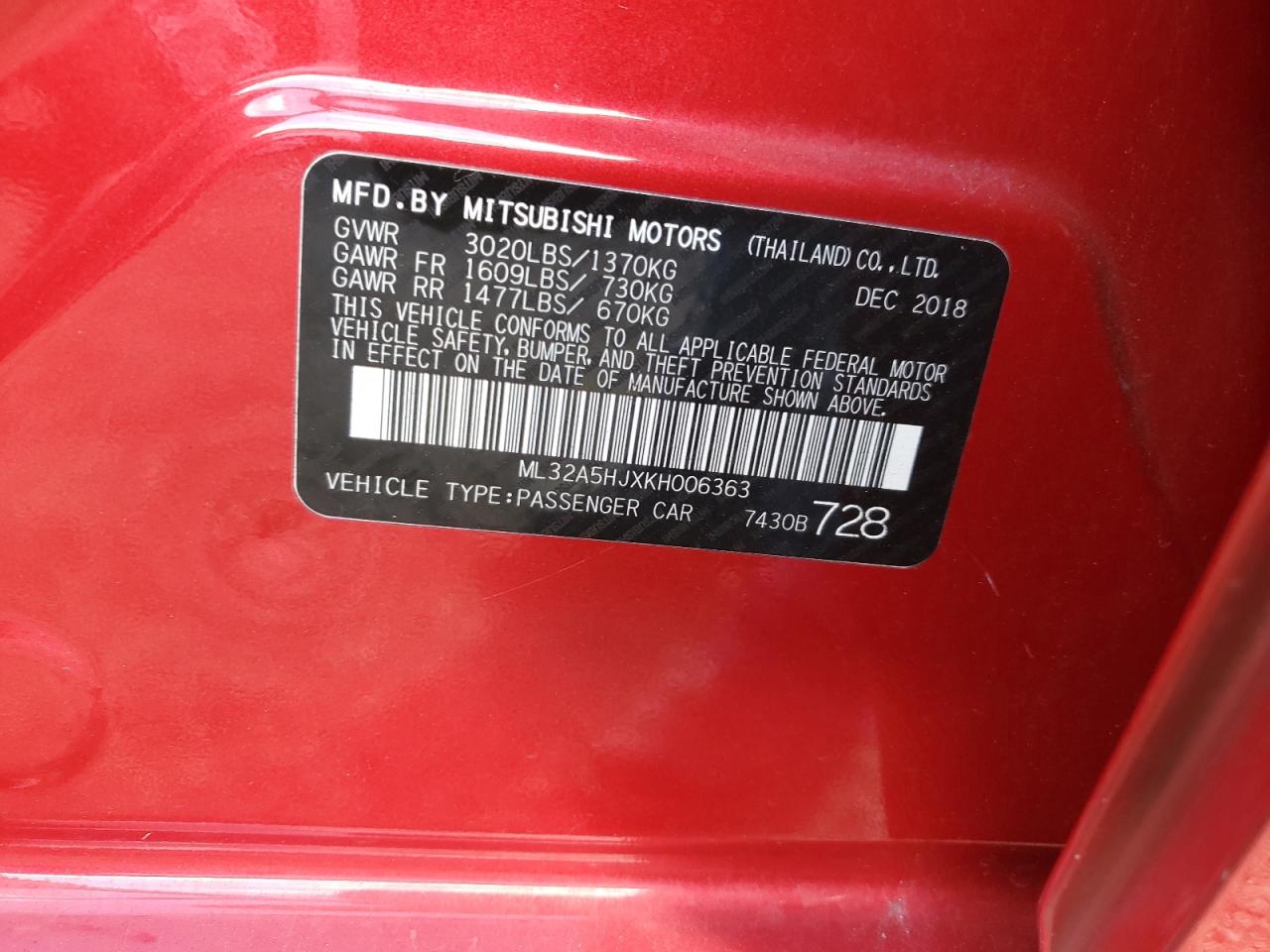 2019 Mitsubishi Mirage Le VIN: ML32A5HJXKH006363 Lot: 82286355