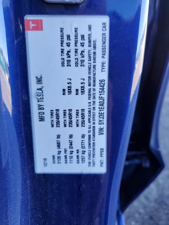 2018 Tesla Model 3 VIN: 5YJ3E1EA0JF154426 Lot: 85916225