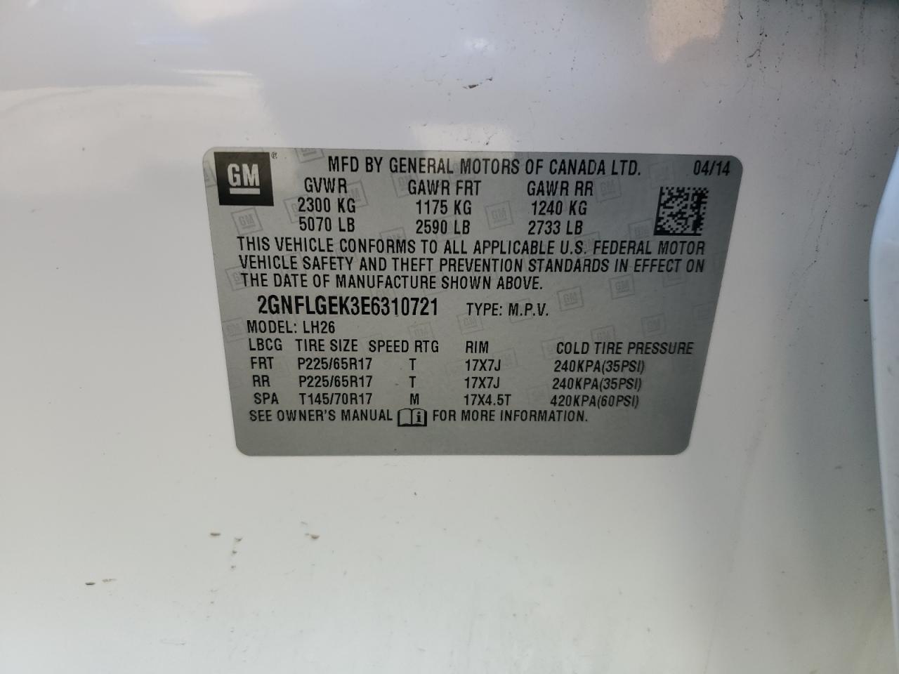 2014 Chevrolet Equinox Lt VIN: 2GNFLGEK3E6310721 Lot: 84468165