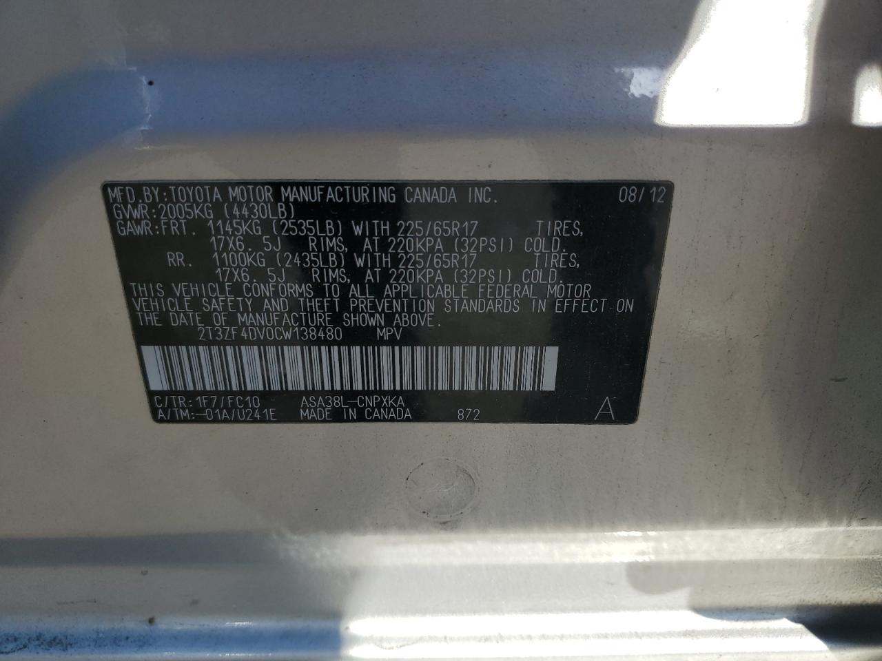 2012 Toyota Rav4 VIN: 2T3ZF4DV0CW138480 Lot: 85893105