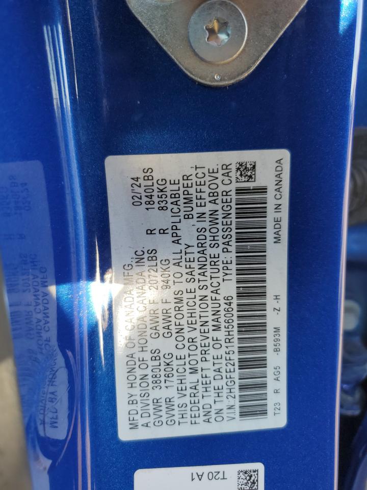 2024 Honda Civic Sport VIN: 2HGFE2F51RH560646 Lot: 85156855