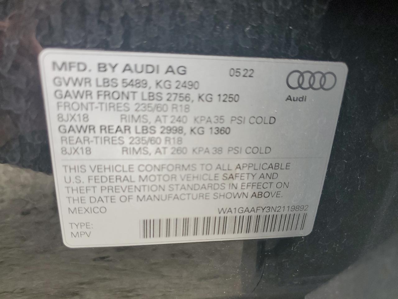 2022 Audi Q5 Premium 45 VIN: WA1GAAFY3N2119892 Lot: 87441635