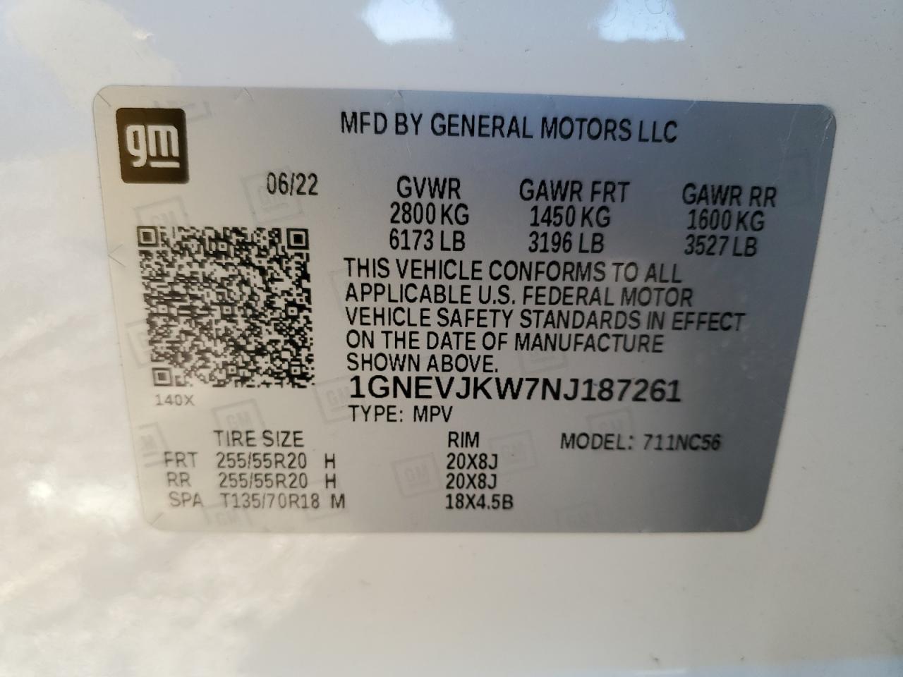 2022 Chevrolet Traverse Rs VIN: 1GNEVJKW7NJ187261 Lot: 86459165