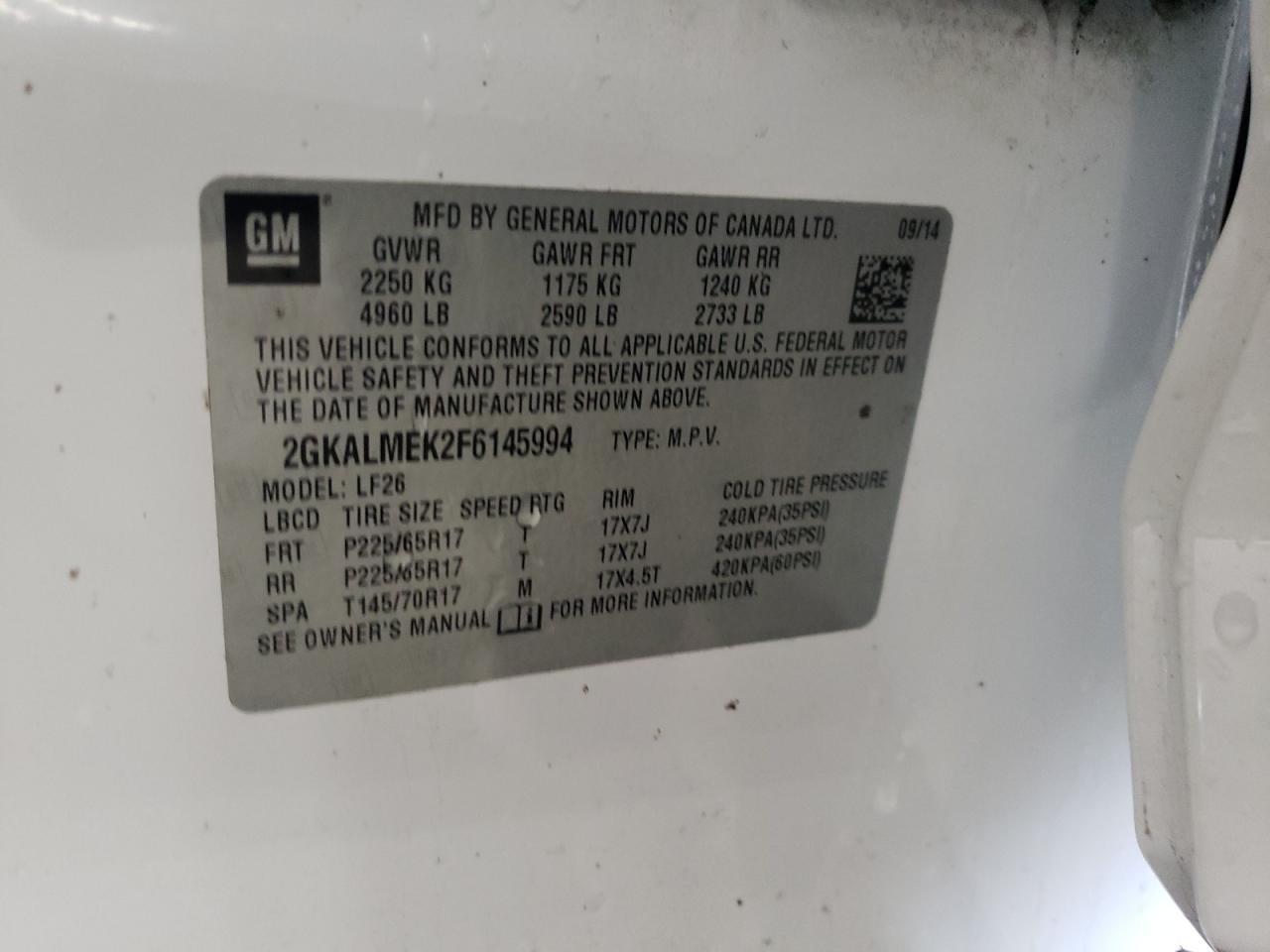 2015 GMC Terrain Sle VIN: 2GKALMEK2F6145994 Lot: 82744475