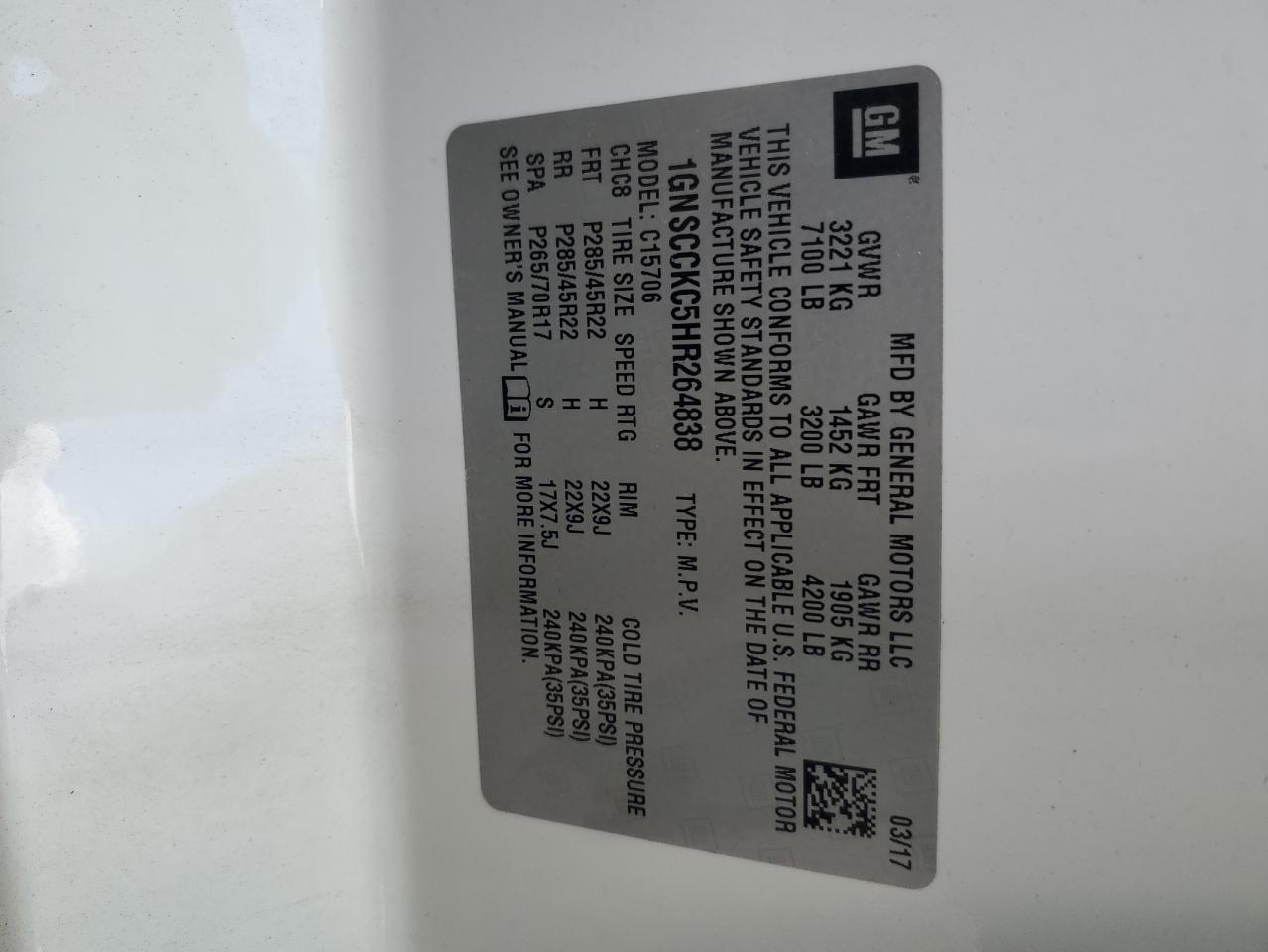 2017 Chevrolet Tahoe C1500 Premier VIN: 1GNSCCKC5HR264838 Lot: 85196245