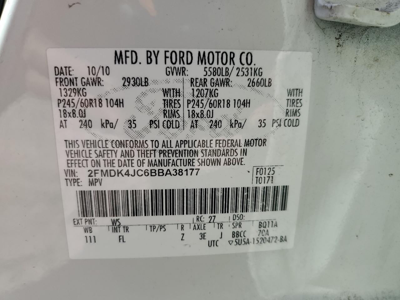 2011 Ford Edge Sel VIN: 2FMDK4JC6BBA38177 Lot: 93507015